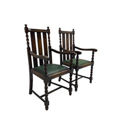 Pair early 20th century oak carver armchairs, spiral turned back and arm supports, raised on barley twist supports united by H-stretcher