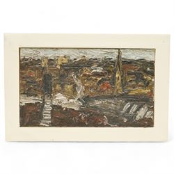 Barry De More (Yorkshire 1948-2023): 'Halifax with Square Chapel', oil and impasto on board signed titled and dated 2013 verso 16cm x 27cm
Notes: Acclaimed as one of the North's greatest expressionist artists, Barry De More (1948-2023) used a heavy impasto style to transfer his love of Yorkshire landscapes, townscapes and people to canvas. His work sits comfortably in the company of work by Kossoff and Auerbach, selling to collectors in the UK and overseas. De More's work can be found in the permanent collection of work by Northern Artists at Dean Clough, one of the UK's largest contemporary art galleries.
