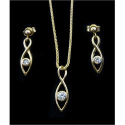 Gold diamond marquise shaped pendant necklace and pair of matching pendant stud earrings, all 9ct stamped or tested