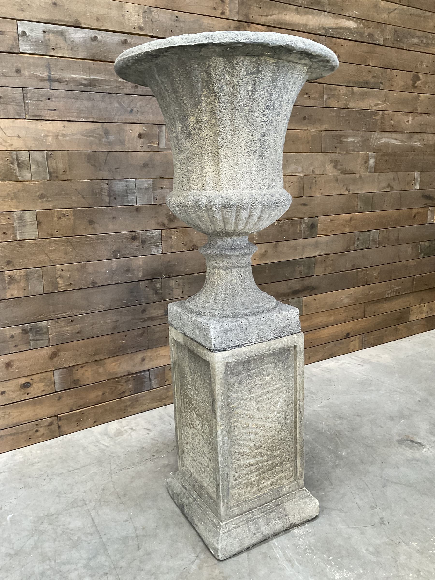 Large Georgian design cast stone garden centre-piece urn, egg and dart border, tapering column on square base, raised on square column