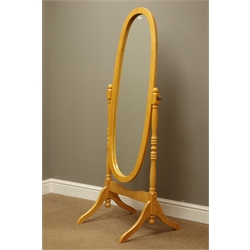  Light wood cheval dressing mirror, oval plate on turned supports, H144cm  