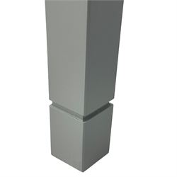 Pine kitchen dining table, rectangular moulded top on painted base, square tapering supports (180cm x 85cm, H78cm); and two matching benches 