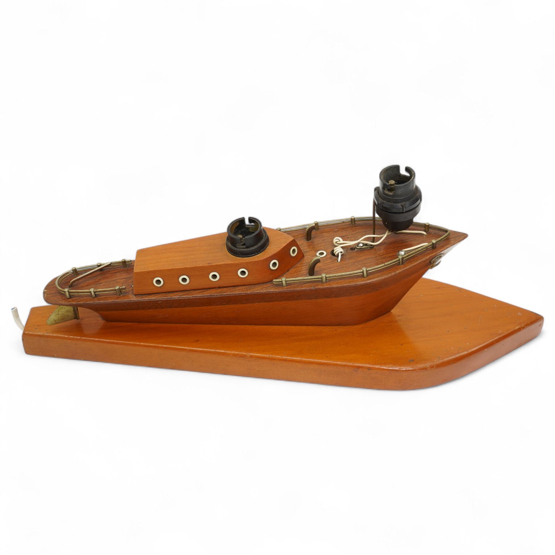 Two art deco style wooden table lamps in the form of two yachts, larger W43cm (2)