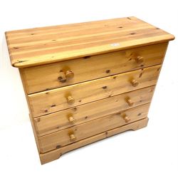 Solid pine three drawer chest, four drawers, shaped plinth base
