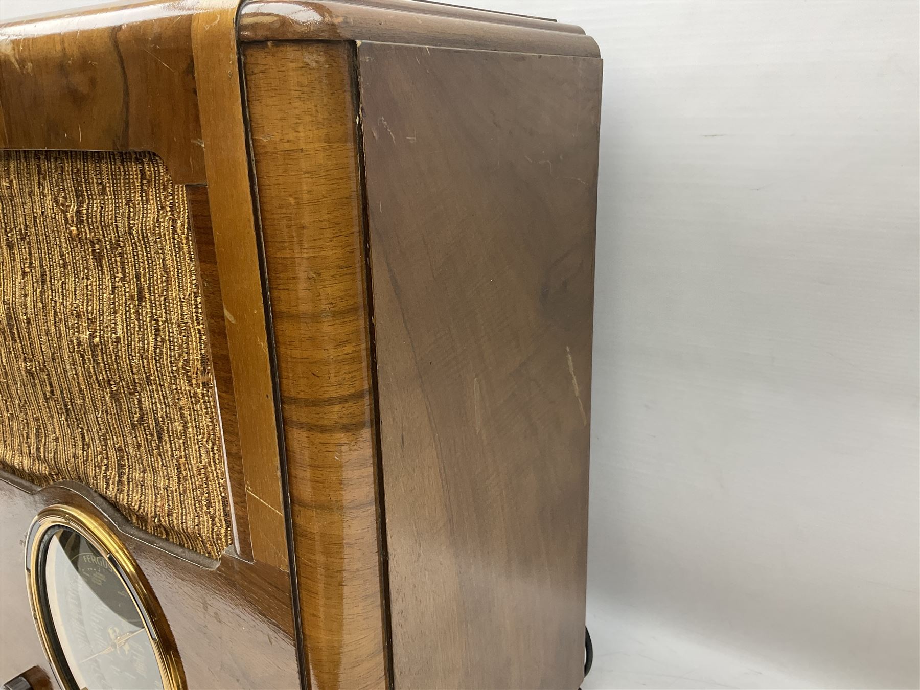 Late 1930s Art Deco Ferguson 503AC walnut cased valve radio, with glazed oval dial above four Bakelite knobs, H55cm D28cm W42cm