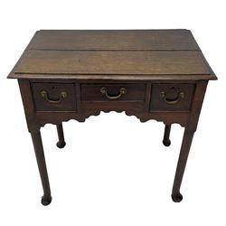 18th century oak low-boy, ovolo-moulded rectangular top over three cock-beaded drawers, circular brass handle plates and D-shaped handles, shaped and stepped arched apron, on cabriole supports 