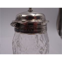 Late 18th century silver cruet stand, of oval form, with pierced sides upon four bun feet, hallmarked to handle Hester Bateman, all other hallmarks indistinct, together with five matched silver mounted cut glass cruet bottles, including some later Victorian examples, hallmarks predominantly indistinct, stand H20cm