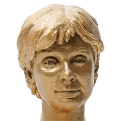 English School (20th century): Female Face Study, painted plaster indistinctly signed 'Jo' and dated '96, including wooden plinth H36cm 