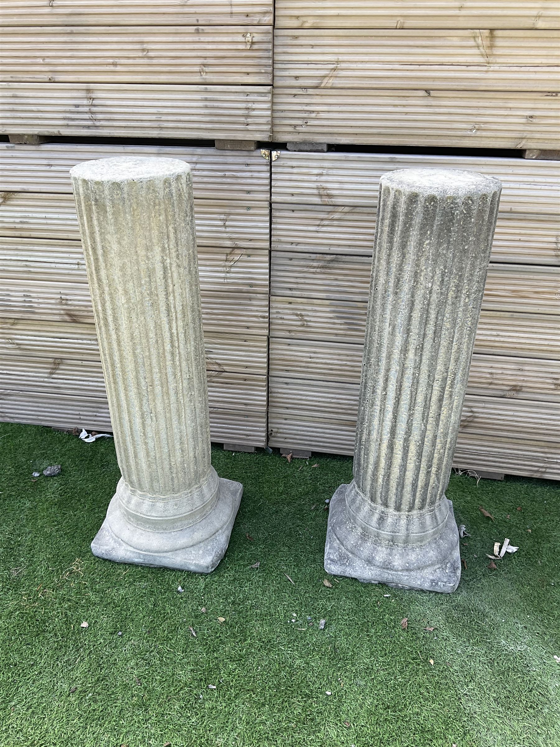Pair of cast stone Pompeii fluted garden columns, square bases, H90 - THIS LOT IS TO BE COLLECTED BY APPOINTMENT FROM DUGGLEBY STORAGE, GREAT HILL, EASTFIELD, SCARBOROUGH, YO11 3TX