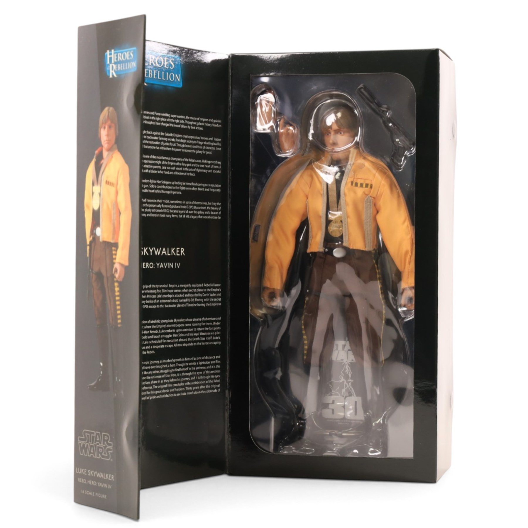 Three Sideshow Collectibles Star Wars Heroes of the Rebellion 1:6 scale figures, comprising Han Solo Rebel Captain Bespin, Luke Skywalker Rebel Commander Bespin and Luke Skywalker Rebel Hero Yavin IV, all boxed