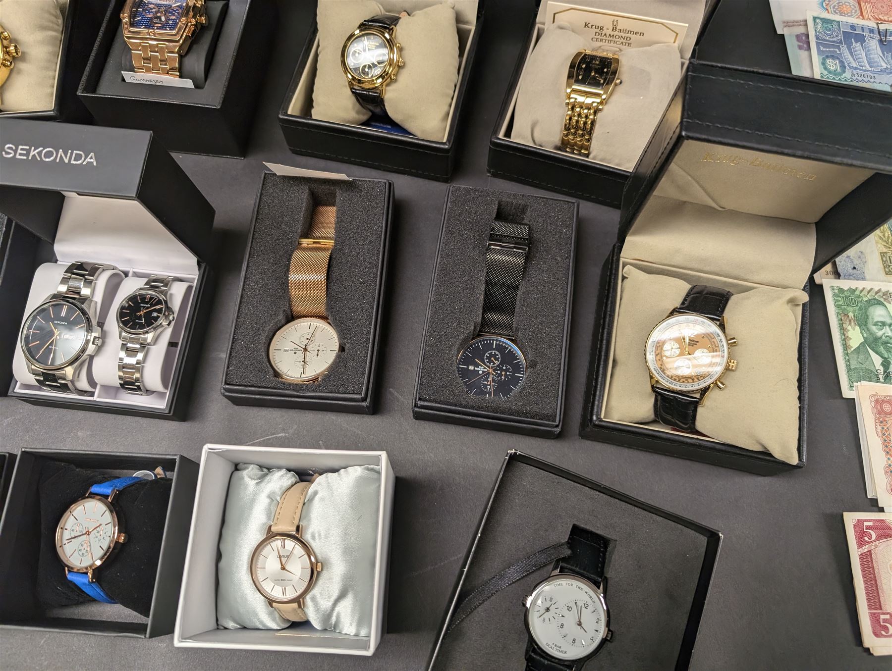 Collection of wristwatches including Accurist chronograph, Gamages automatic, six Krug-Baumen diamond, Minster, Halcyon Days, Seconda, Lorus etc