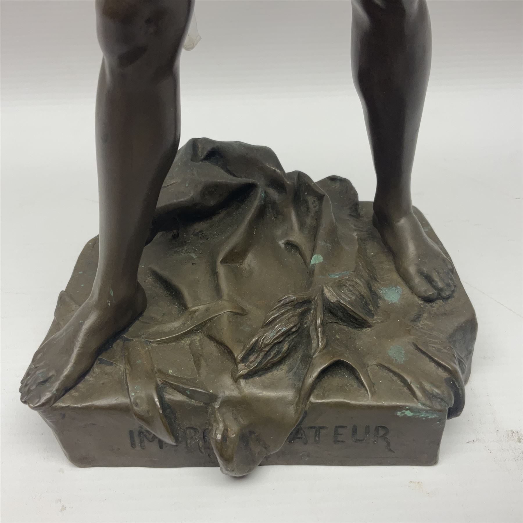 After Felix Carpentier, Improvisateur; bronzed figure of a man playing the flute, marked Felix Charpentier, H35