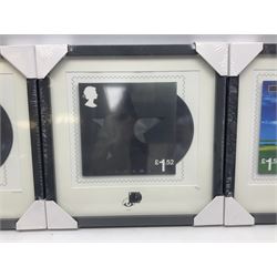 Set of three Royal Mail David Bowie limited edition album stamp prints, comprising Aladdin Sane, Blackstar and Earthling, all framed and in original packaging, H43cm W43cm