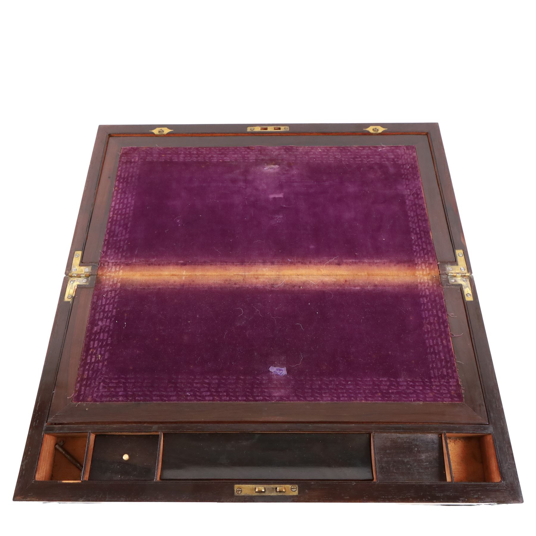 Rosewood writing slope, with brass inlaid decoration, the lid opening to reveal a purple writing slope, H17cm, L51cm
