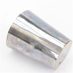 Asprey silver plated stirrup cup, engraved with name to body, together with a set of graduating silver plated stirrup cups, both in leather cases