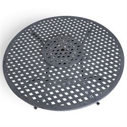 Grey-painted cast metal garden dining suite, comprising circular latticework table on splayed supports (W152cm H72cm), and six matching open armchairs with lattice backs and seats (W61cm H93cm)