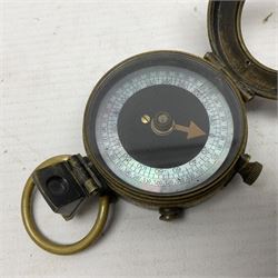 Broadhurst Clarkson brass and leather 4-draw telescope, the first draw with graduations, sliding lens shroud and leather covers for both ends on shoulder strap; marked 'Broadhurst Clarkson & Co. Ltd. 63 Farringdon Road London E.C.', L87cm fully extended; together with a WWI brass marching compass marked F-L No.123113 1918 (broad arrow); crudely etched L.H. McD. Latham; in associated Brooks & Co. leather case dated 1913 stamped W.B. Constable (2)