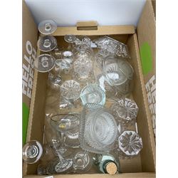 Collection of glassware, including a set of modern wine glasses with twisted stems, moulded Victorian dishes on a circular base,  a selection of glass bells etc, four boxes. 