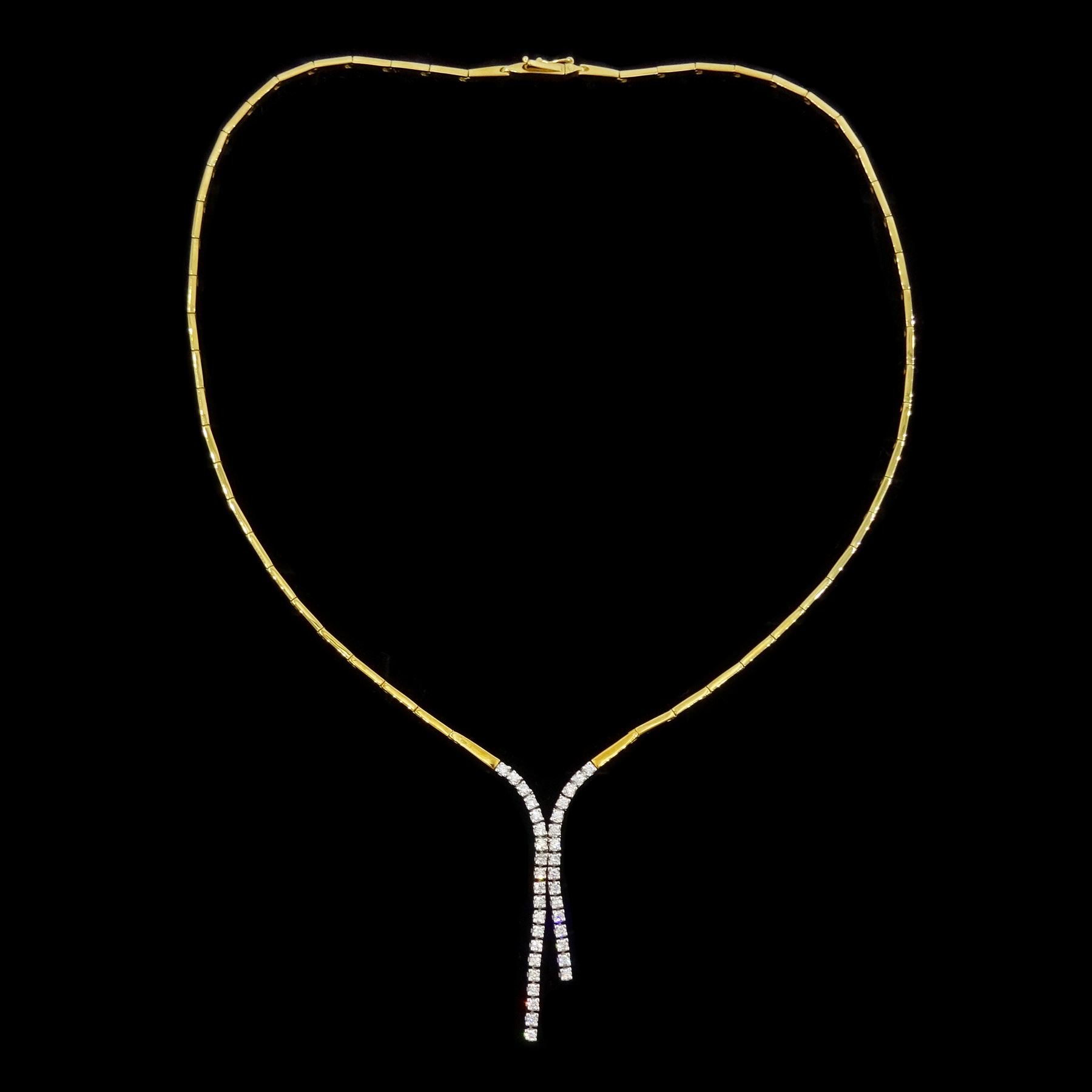 18ct gold diamond necklace, thirty-six round brilliant cut diamonds set in white gold, to articulated rectangular yellow gold links, stamped 750, total diamond weight approx 0.75 carat