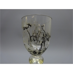  19th/ early 20th century German 'Historismus' glass goblet with monochrome enamelled bowl and foot depicting a hunting scene H19cm   