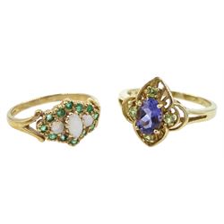 Gold three stone opal and emerald cluster ring and gold iolite and green stone open work design ring, both hallmarked 9ct