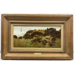 George Edward Cook (British 1844-1914): 'When the Gorse is out of Bloom, Kissing is out of Fashion - Runswick', oil on canvas signed and dated 1885, titled on the stretcher verso 20cm x 43cm