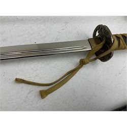 Reproduction Japanese katana with 63cm slightly curving fullered steel blade, ornate tsuba, cord bound grip and gilt transferred black saya L92cm; and two fencing foils, one marked Leon Paul (3)