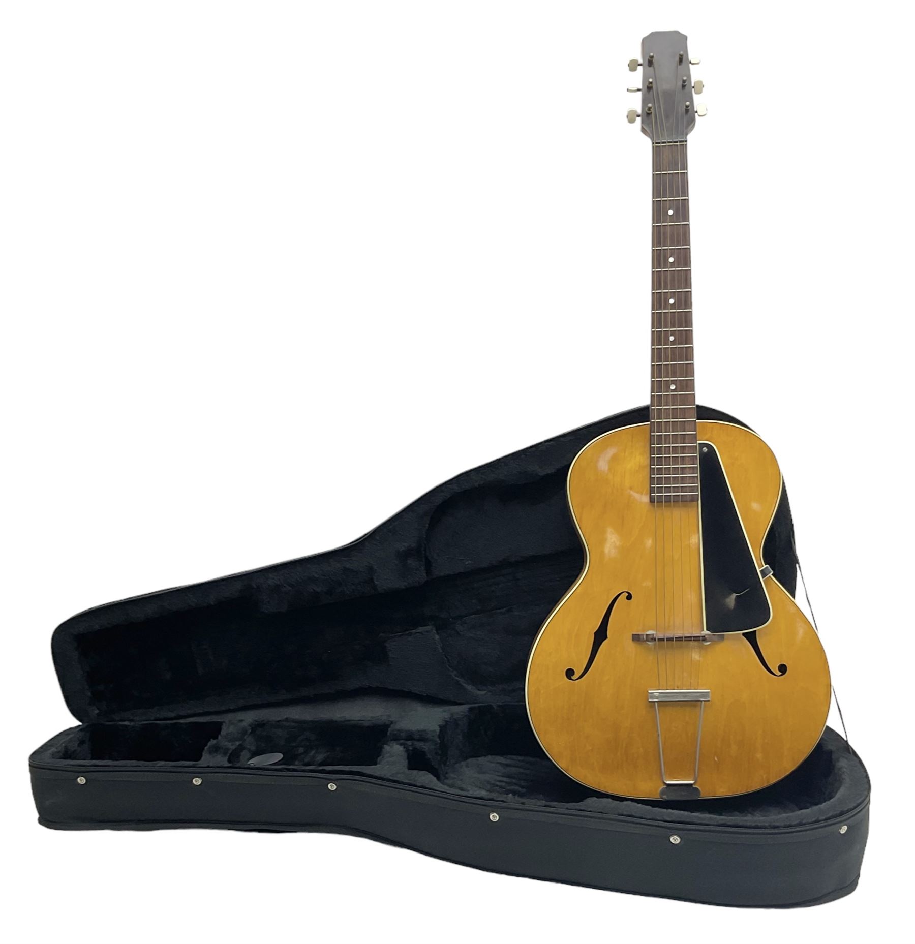 1950s acoustic guitar with f-holes and pickguard L105cm; black fur lined hard carrying case