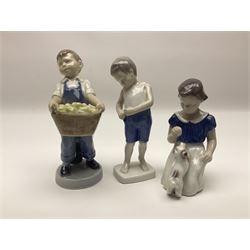 Five Royal Copenhagen figures, comprising Pan playing pipes no 1736, Boy on marrow no 4539, Baby crawling no 1518, Drummer boy no 3647 and Boy with apples no 4532, together with three similar figures
