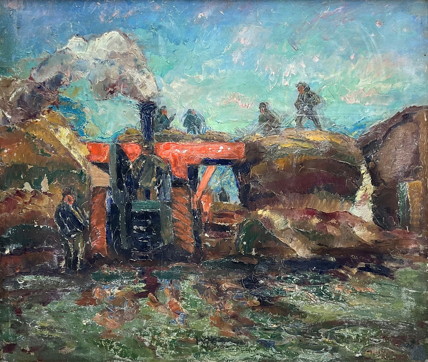 James Arundel (British 1875-1960): 'Threshing - Lincolnshire', oil on panel signed, titled and dated 1939 verso 59cm x 69cm
Provenance: exh. Wakefield City Art Gallery 'Seventeenth West Riding Artists Exhibition', labelled verso with artist's Bradford address
