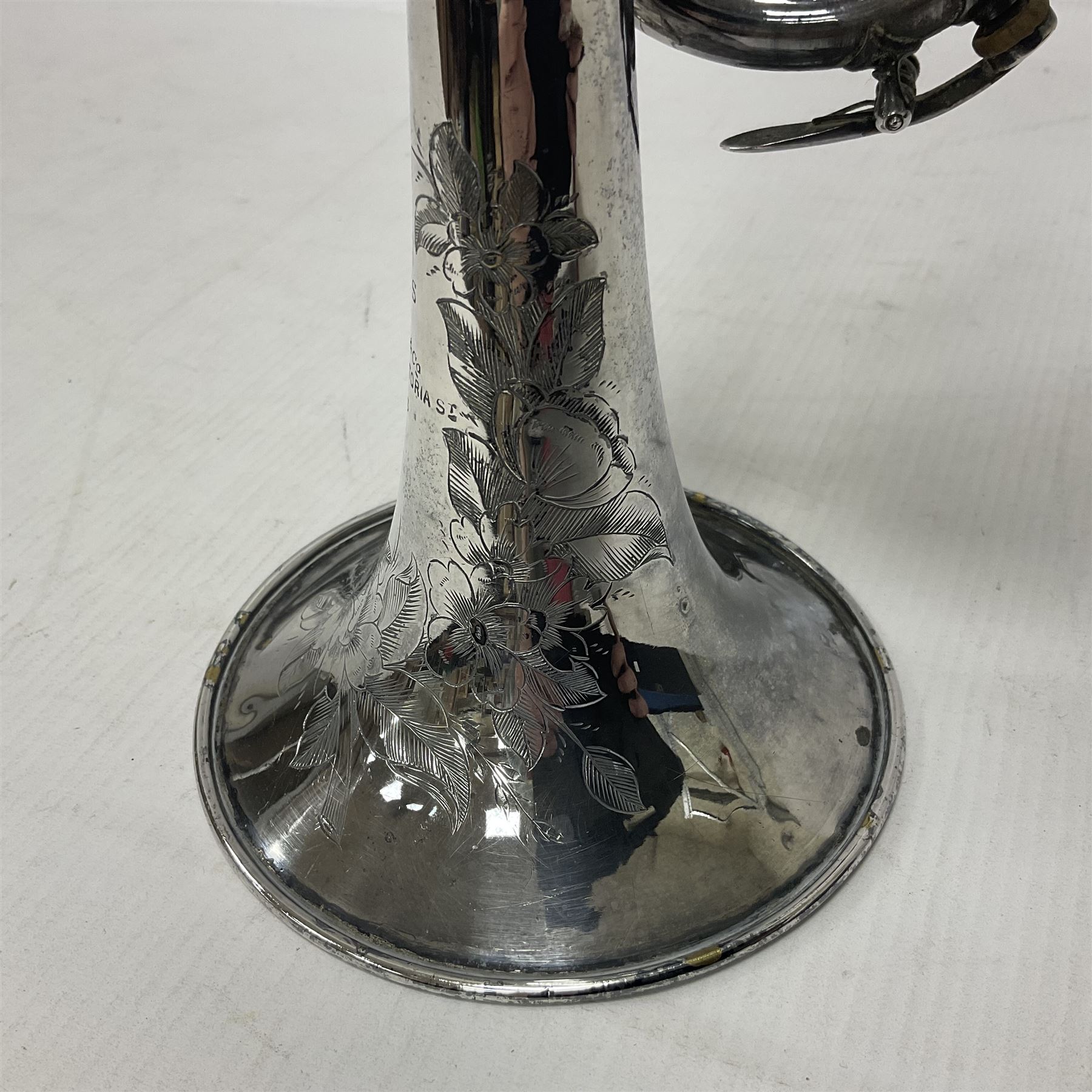 Victorian Class A silver plated trumpet retailed by Kitchen & Co,29 Queen Victoria Street Leeds, 1897 with mouthpiece/slide and in its original felt lined box
