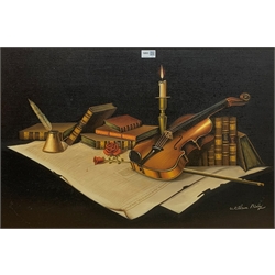 William Bisley (20th century): Still life of a Violin and Library Artefacts, oil on canvas signed 49cm x 75cm 