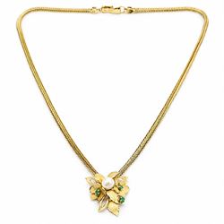 18ct gold pearl and emerald floral necklace, single cultured white / pink pearl, with leaf...