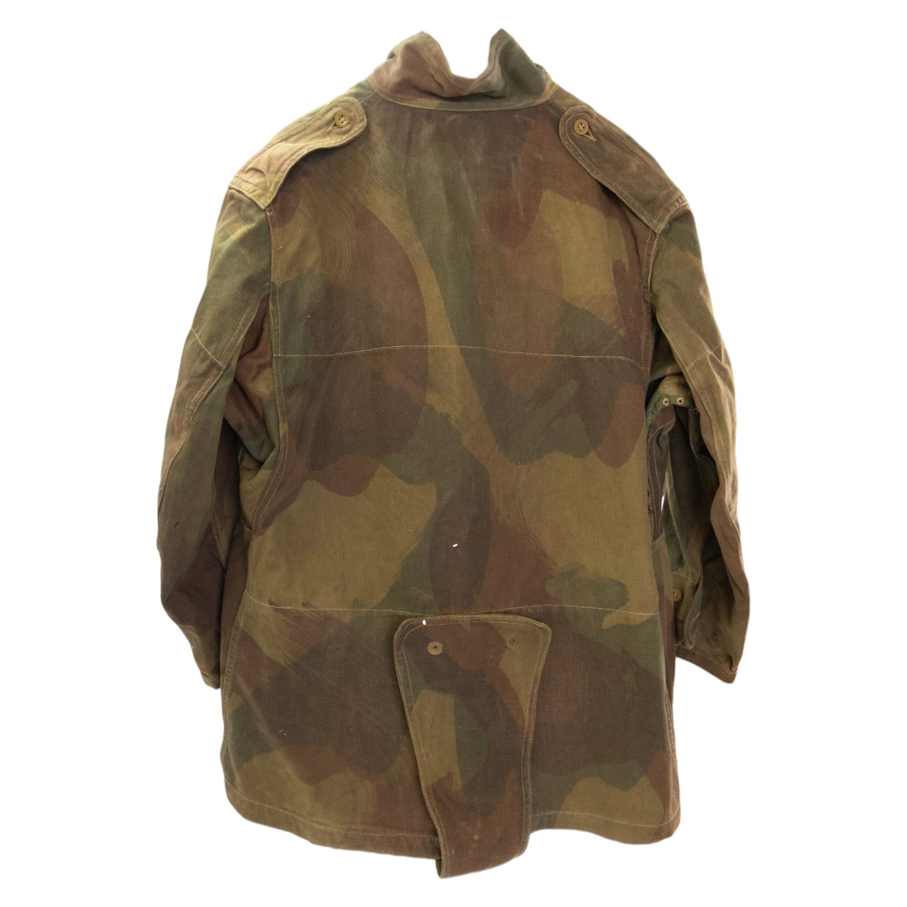 WWII British parachute regiment dennison smock with four front pockets, half zip and crutch strap size 3 dated 1944, together with over smock, with two pockets and crutch strap, size 2 dated 1944