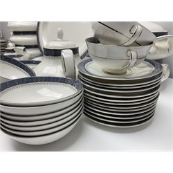 Royal Doulton Sherbrooke pattern part dinner and tea service, to include teapot, ten twin handled soup bowls and saucers, two serving platters, three twin handled covered dishes etc (63)  