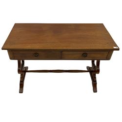 Late 19th century mahogany two drawer stretcher table, on lyre shaped supports joined by turned stretcher 