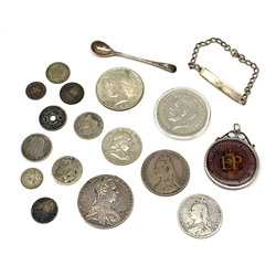 Queen Victoria 1888 double florin and 1889 half crown, Maria Theresa re-strike Thaler, King George V 1935 crown, various other coins and two small hallmarked silver items