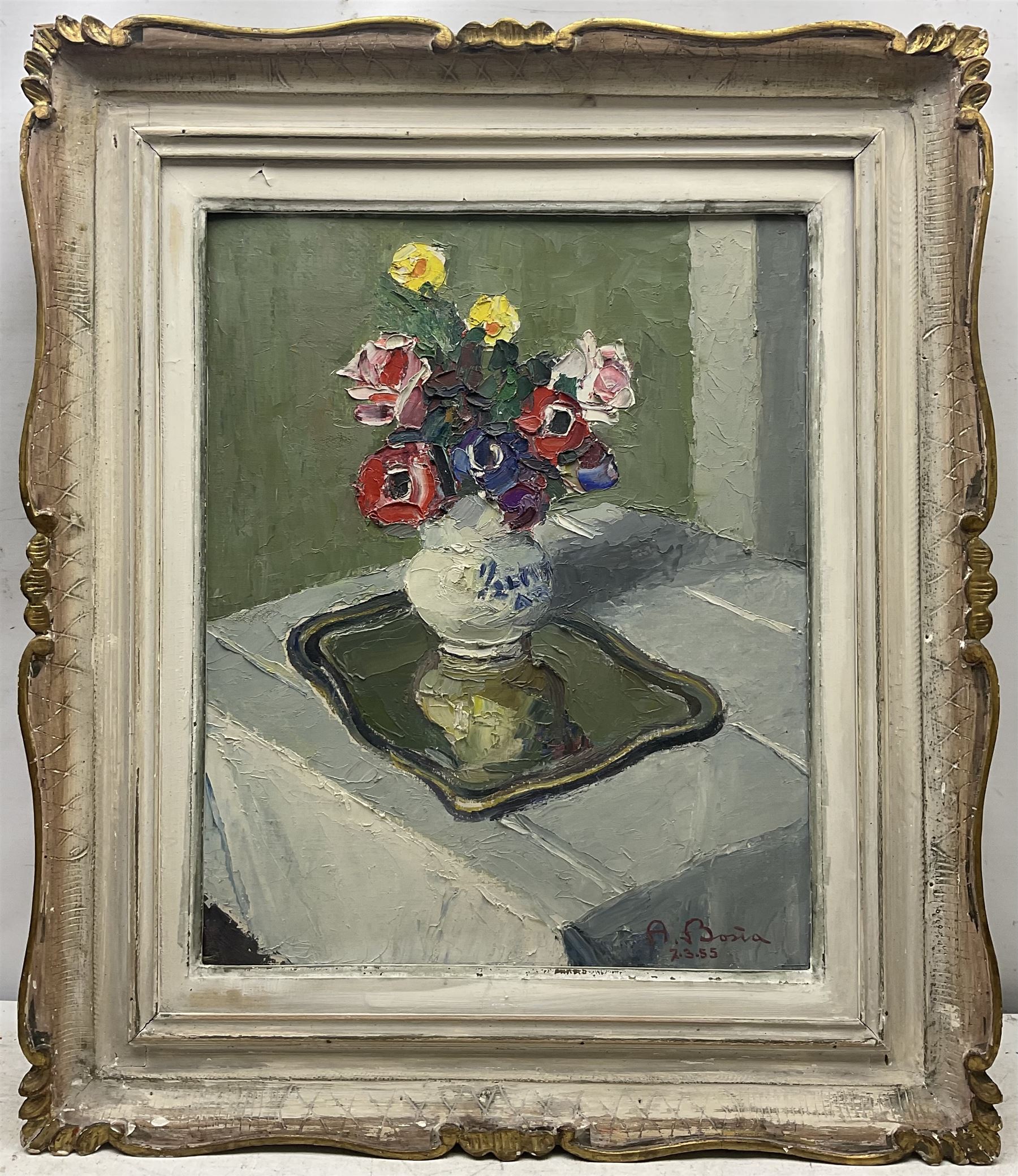 Agostino Bosia (Italian 1886-1962): Still Life of Pansies and Flowers in a Vase, oil on board signed and dated '55, 48cm x 38cm
