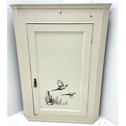 Painted corner cupboard, single door with stencilled scene of a brace of pheasant, three shaped shelves 