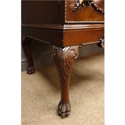 Early 20th century figured mahogany inverted break front sideboard with raised and carved back, gadroon carved detail, two cupboards with centre drawer, scroll carved cabriole legs with paw feet, W184, H158cm, D62cm  