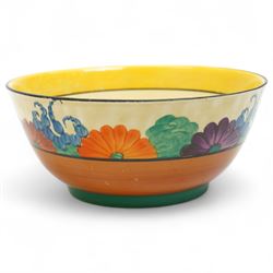 Clarice Cliff Bizarre 'Gayday' pattern bowl, D18cm; and rare 'Applique' pattern biscuit barrel, c1930, decorated with an orange tree and a caravan beside a river, H13cm, each with printed marks to base (2)