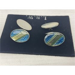 Pair of silver blue enamel cufflinks, hallmarked 