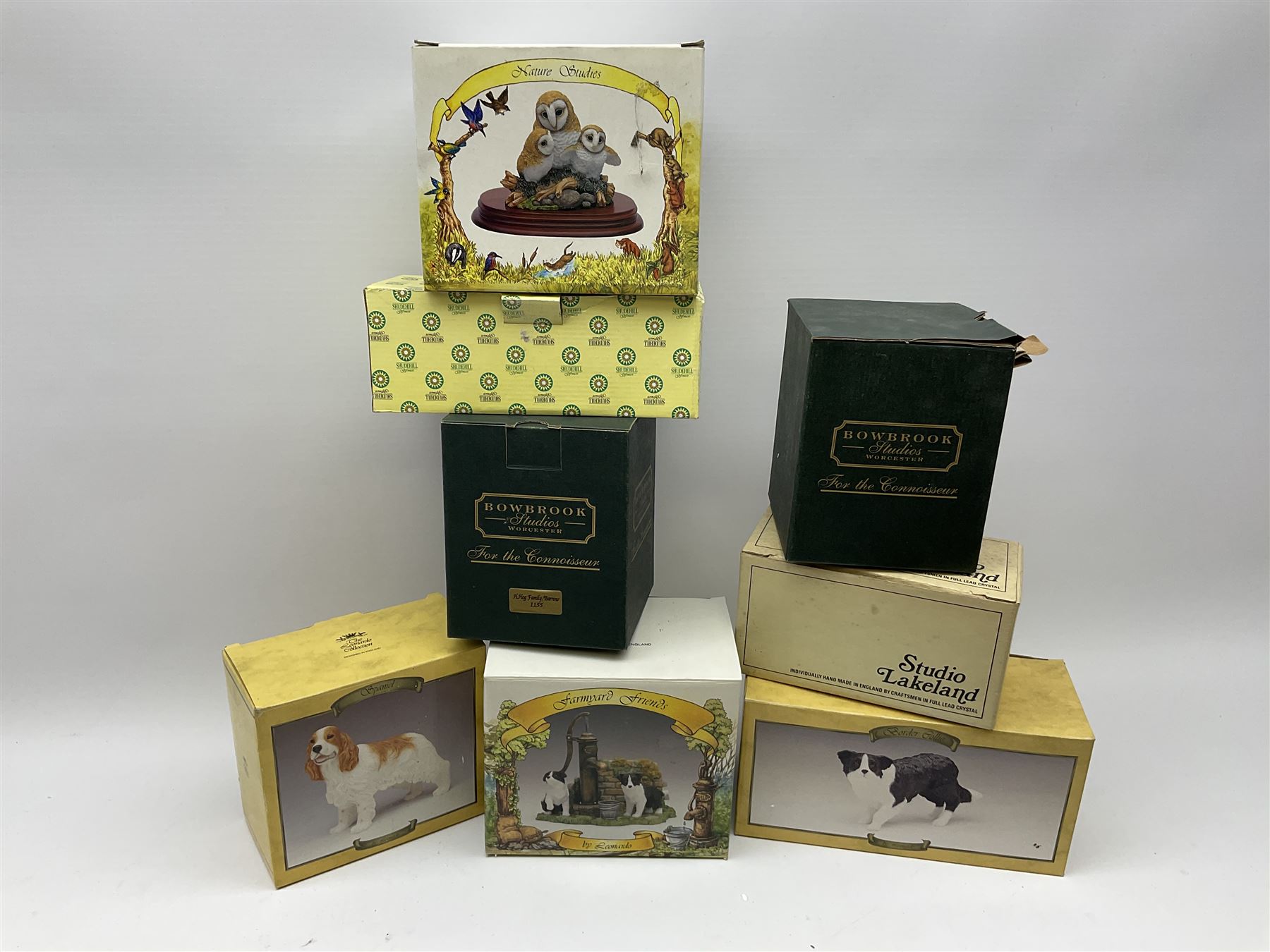 Leonardo Collection figures to include Spaniel, Border Collie, 'Nature Studies' and 'Farmyard Friends', a collection of figures including three owls a robin and a selection of farmyard scenes  