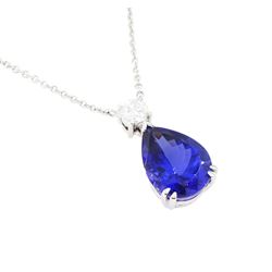 18ct white gold tanzanite and diamond necklace, single pear cut tanzanite of approx 7.60 carat, suspending from a single round brilliant cut diamond of approx 0.45 carat, to a fine belcher link chain necklace, hallmarked