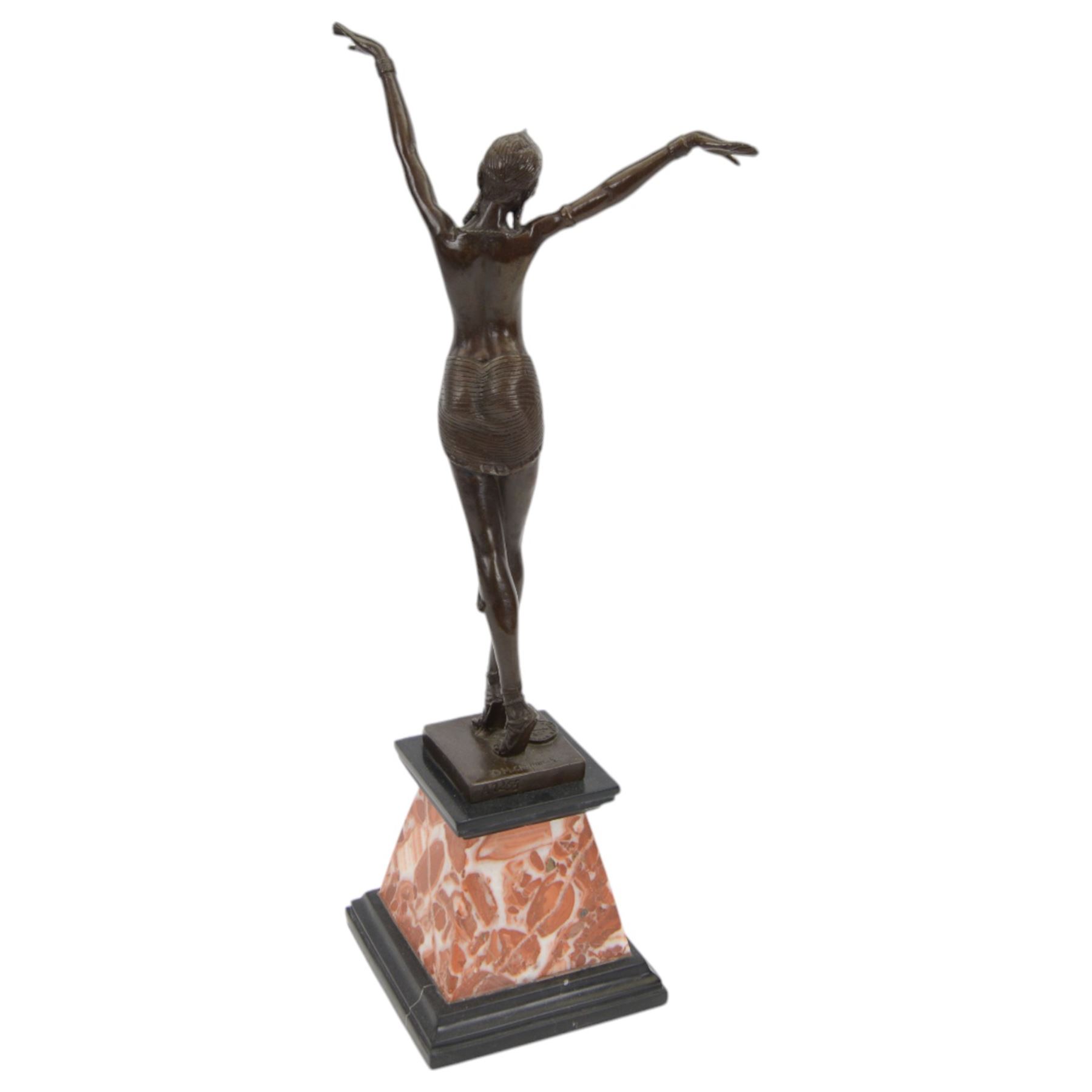 After Demetre Chiparus, Art Deco style bronze, modelled as a dancer, raised upon a stepped marble base, H55cm