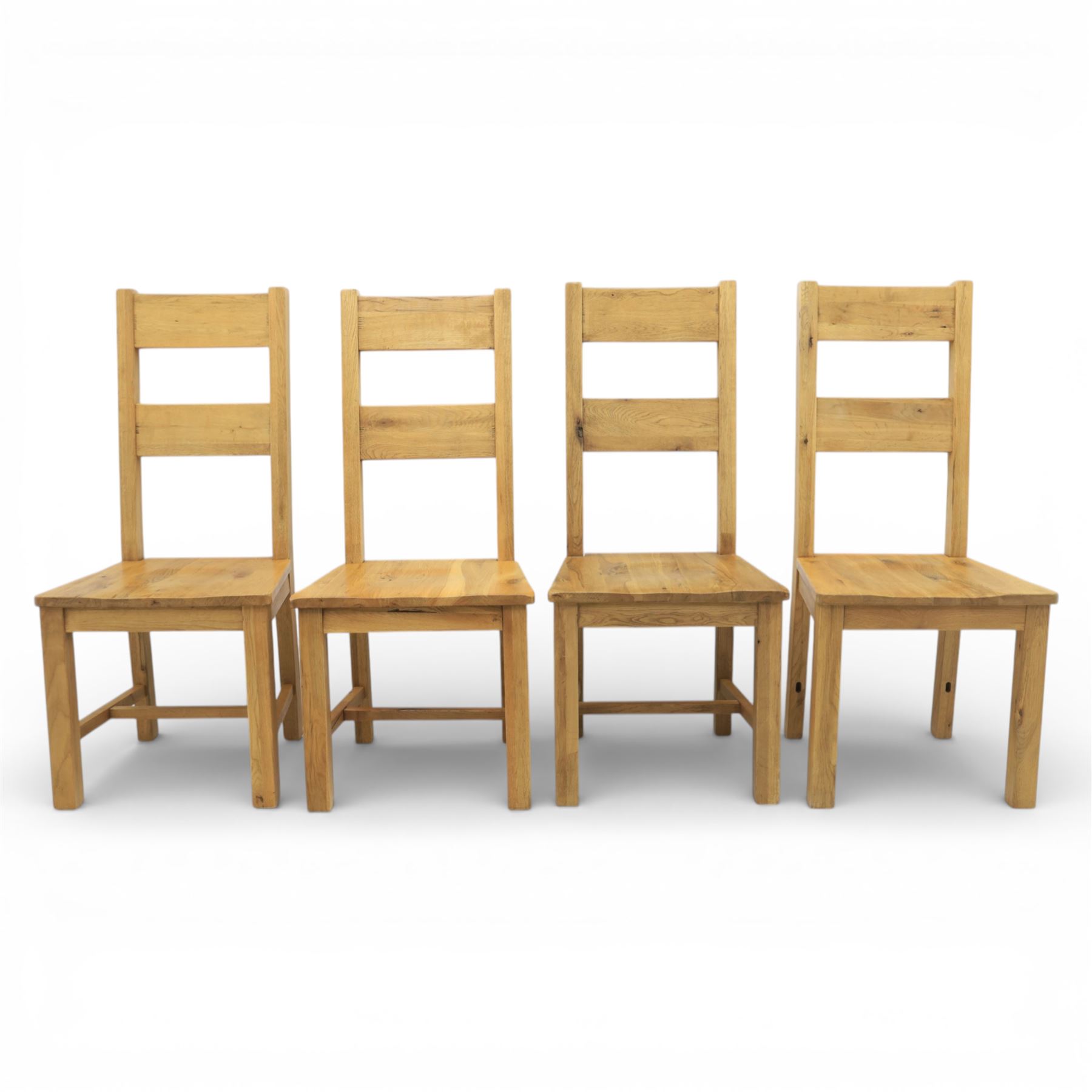 Modern light oak rectangular dining table, and eight high back chairs, stowable leaves extending to 270cm