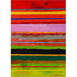 Kieron Farrow (British 1949-): 'Horizon', three oils on board signed and dated 2024, two of the same size, one slightly larger, 41cm x 30cm (3)