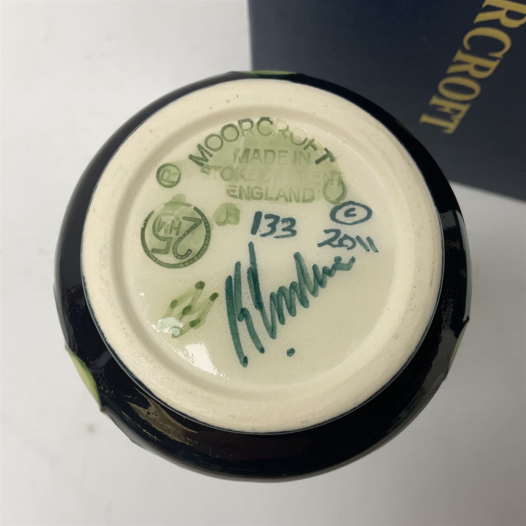 Moorcroft vase, of waisted form, decorated in the Cambrian Blue pattern by Kerry Goodwin, circa 2011, H14cm, with original box 