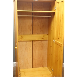  Polished pine double wardrobe (W89cm, H171cm, D53cm), and a polished pine open bookcase (W88cm, H153cm, D29cm)  