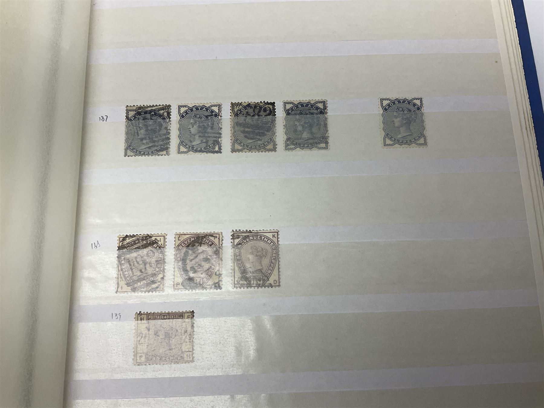 Mostly Great British Queen Victoria stamps, including penny black with black MX cancel, 1840 two pence blue with black cancel, imperf penny reds singles and pairs, perf penny reds stars and plates, various postmarks or cancels, penny reds on pieces or covers, halfpenny 'bantams', other QV issues with some higher values etc, housed in a blue stockbook